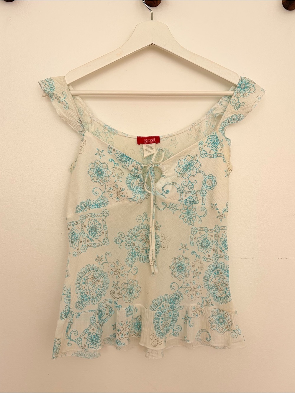 Shasa Cream Top with Teal Floral Print and Silver Sparkles